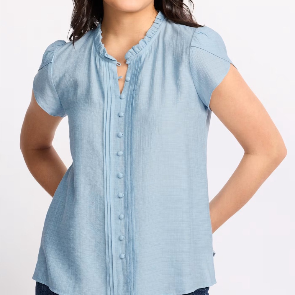 FUN2FUN Women's Blue Ruffled Button-Down Top - Picture 9 of 9
